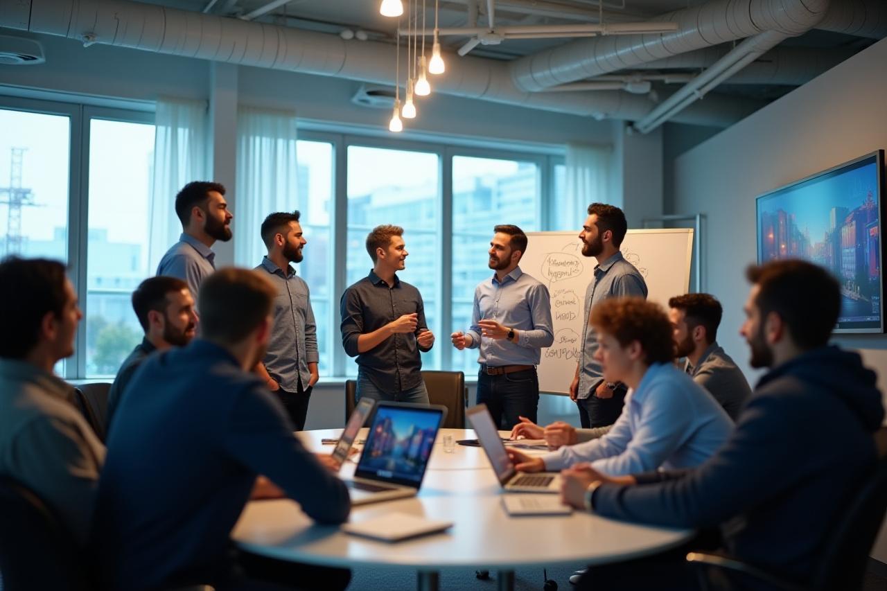 Diverse team collaborating on game development, surrounded by subtle crystalline patterns.