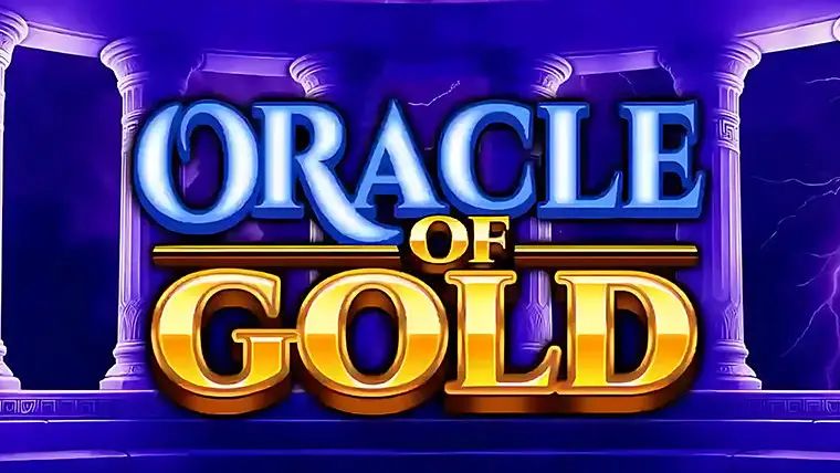 Screenshot of Oracle of Gold game interface, showing dazzling gemstone reels and slot machine elements.
